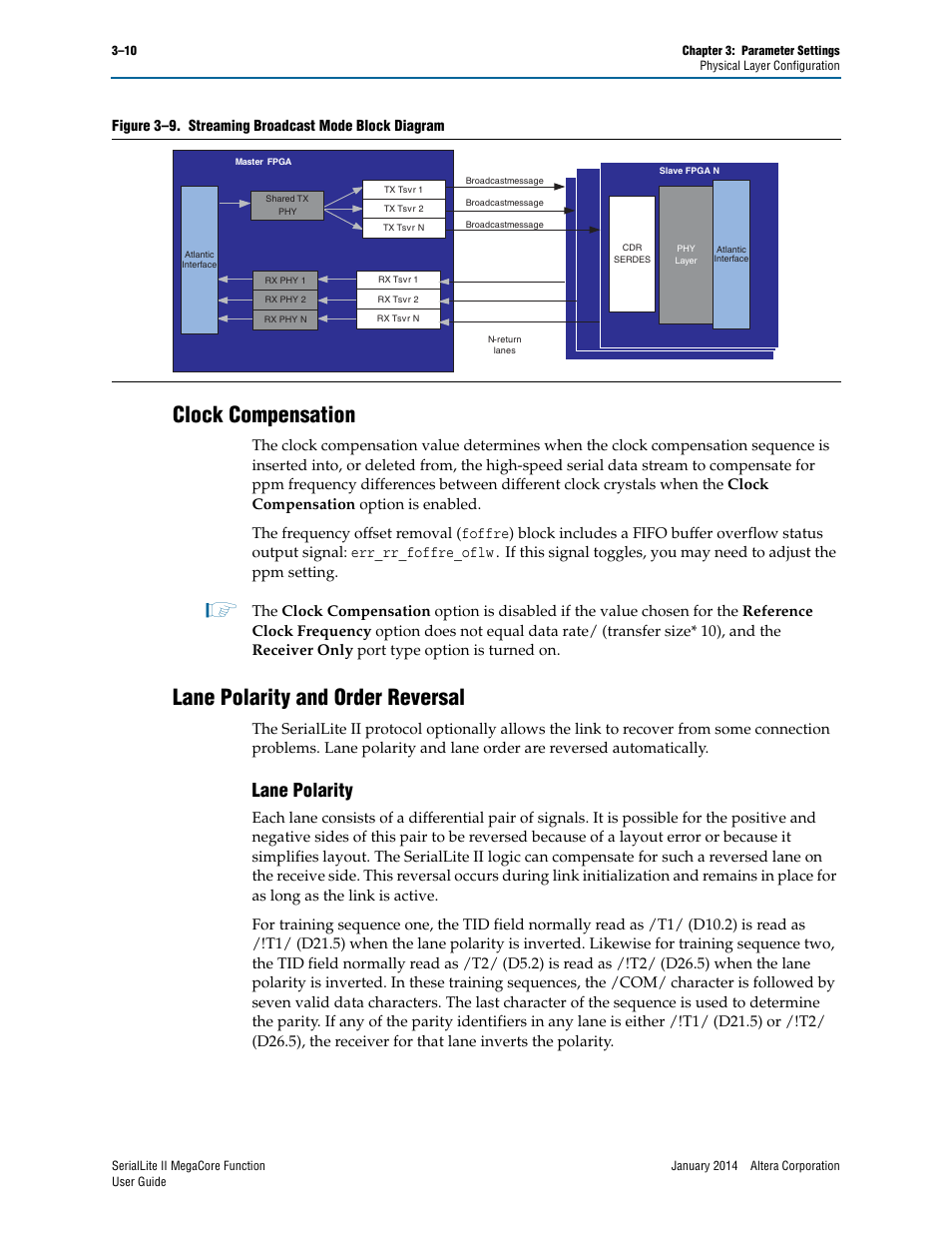 Clock compensation, Lane polarity and order reversal, Lane polarity | Lane polarity –10, Figure 3–9 | Altera SerialLite II IP Core User Manual | Page 33 / 110