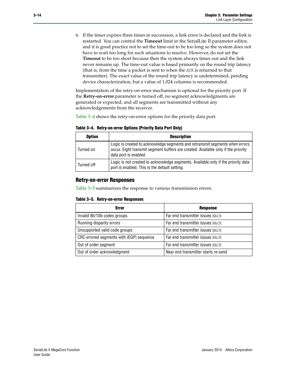 Retry-on-error responses, Retry-on-error responses –14 | Altera SerialLite II IP Core User Manual | Page 37 / 110