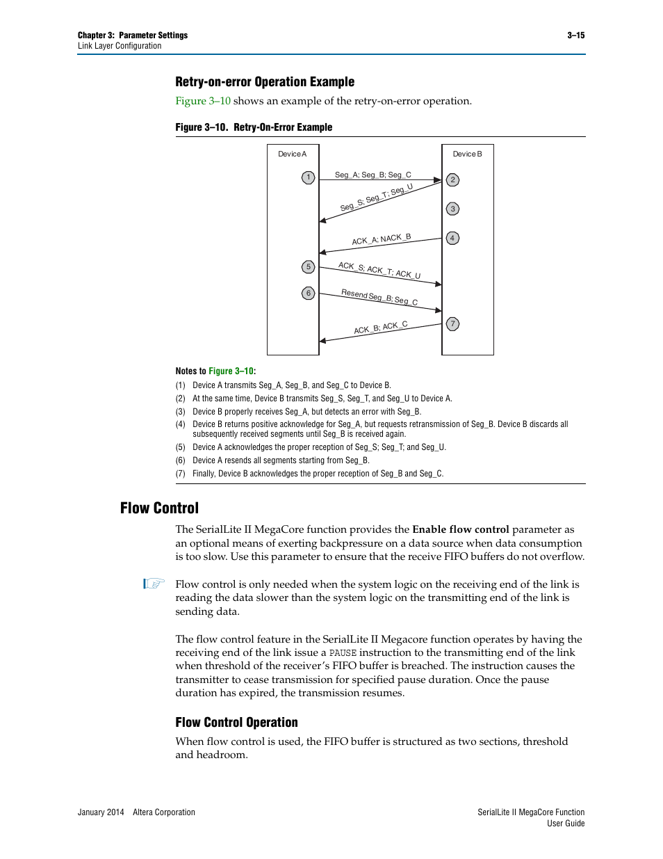 Retry-on-error operation example, Flow control, Flow control operation | Retry-on-error operation example –15, Flow control –15, Flow control operation –15 | Altera SerialLite II IP Core User Manual | Page 38 / 110