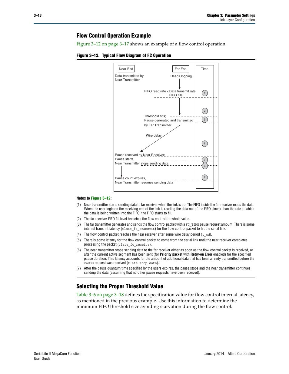 Flow control operation example, Selecting the proper threshold value | Altera SerialLite II IP Core User Manual | Page 41 / 110
