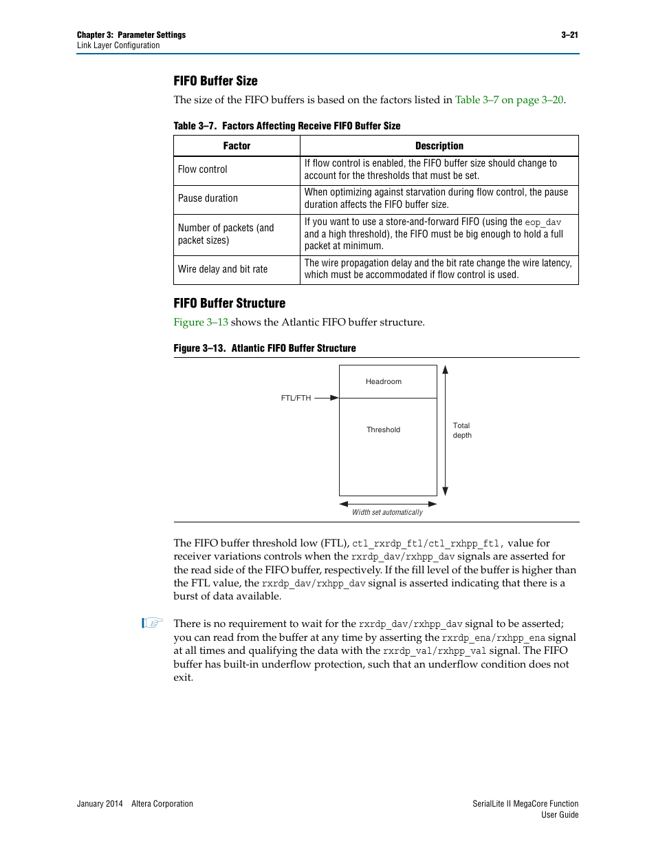 Fifo buffer size, Fifo buffer structure, Fifo buffer size –20 fifo buffer structure –21 | Altera SerialLite II IP Core User Manual | Page 44 / 110
