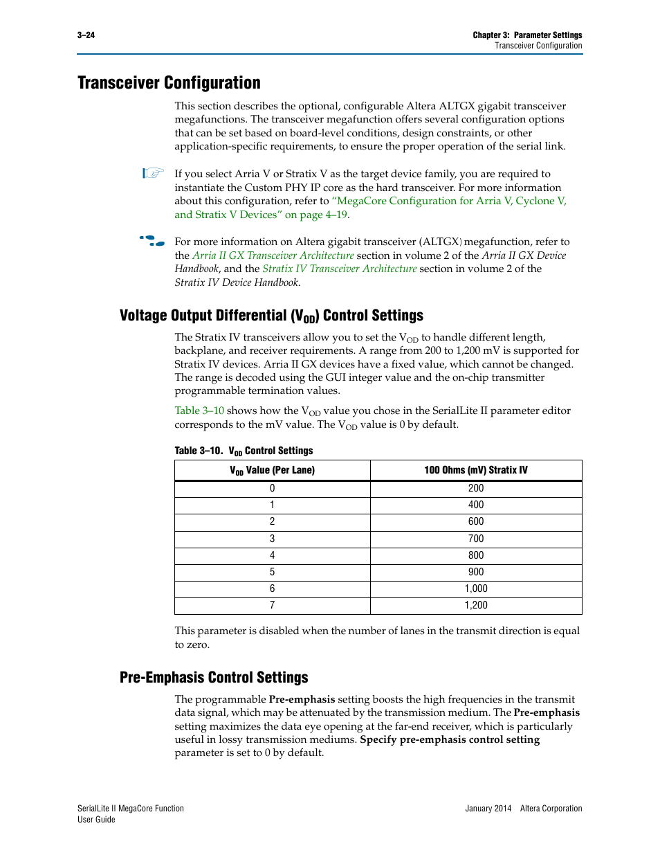 Transceiver configuration, Voltage output differential (vod) control settings, Pre-emphasis control settings | Transceiver configuration –23, Voltage output differential (v, Pre-emphasis control settings –24, Control settings | Altera SerialLite II IP Core User Manual | Page 47 / 110