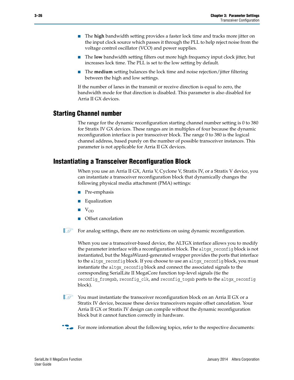 Starting channel number, Instantiating a transceiver reconfiguration block | Altera SerialLite II IP Core User Manual | Page 49 / 110