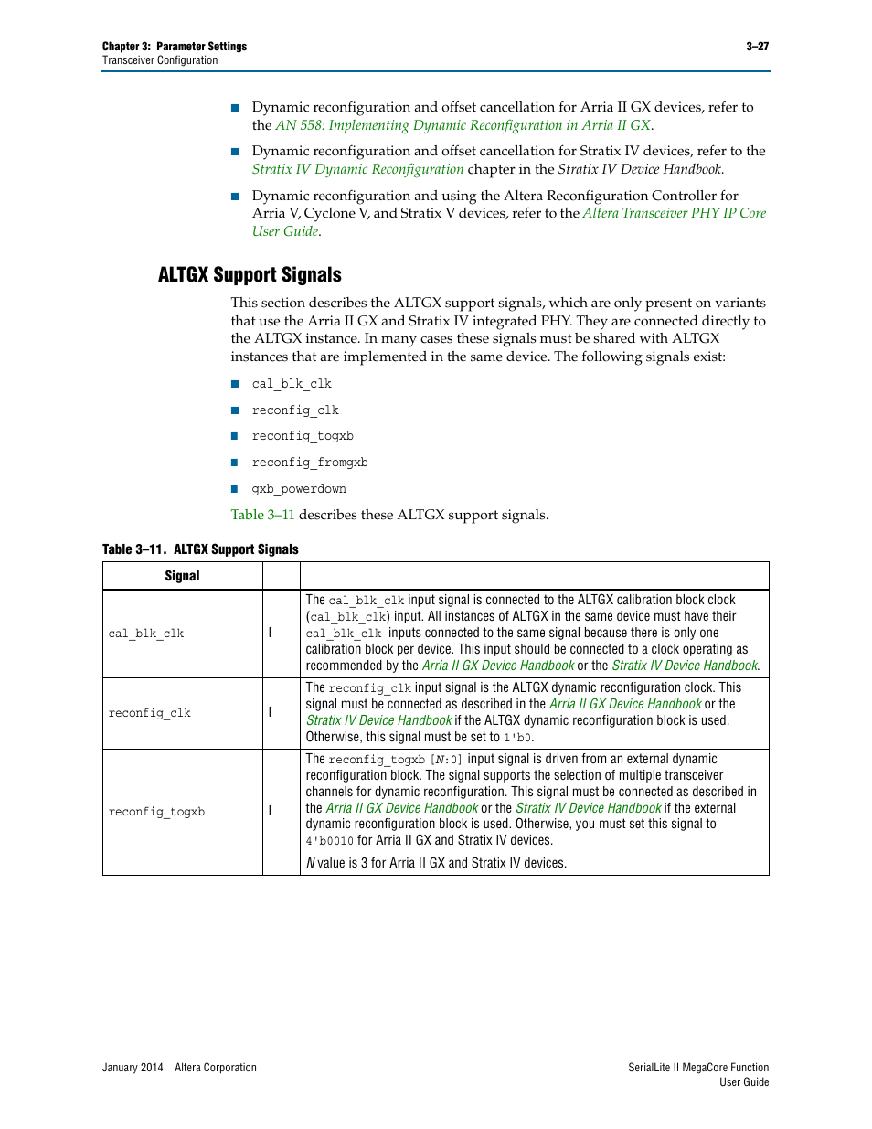 Altgx support signals, Altgx support signals –26 | Altera SerialLite II IP Core User Manual | Page 50 / 110