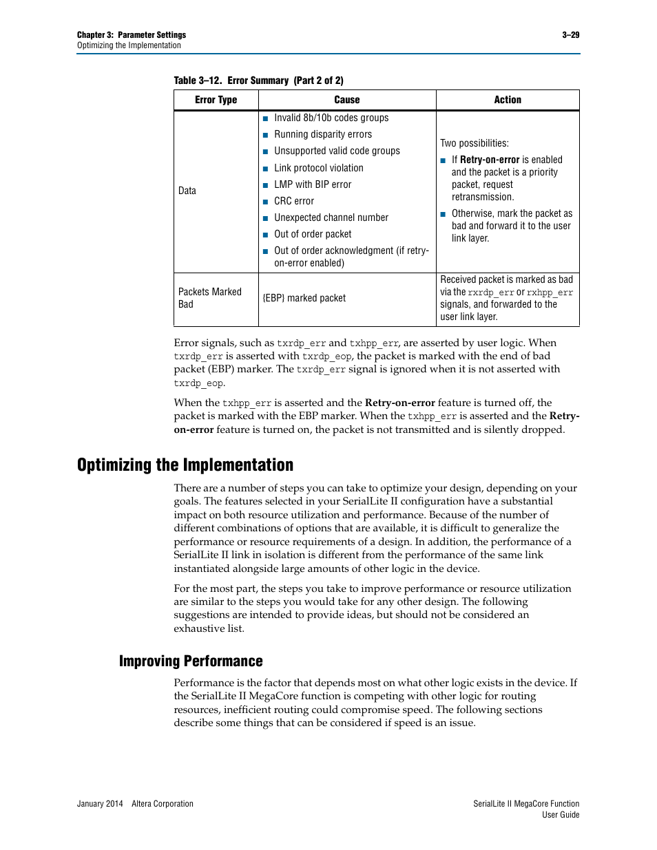 Optimizing the implementation, Improving performance, Optimizing the implementation –28 | Improving performance –29 | Altera SerialLite II IP Core User Manual | Page 52 / 110