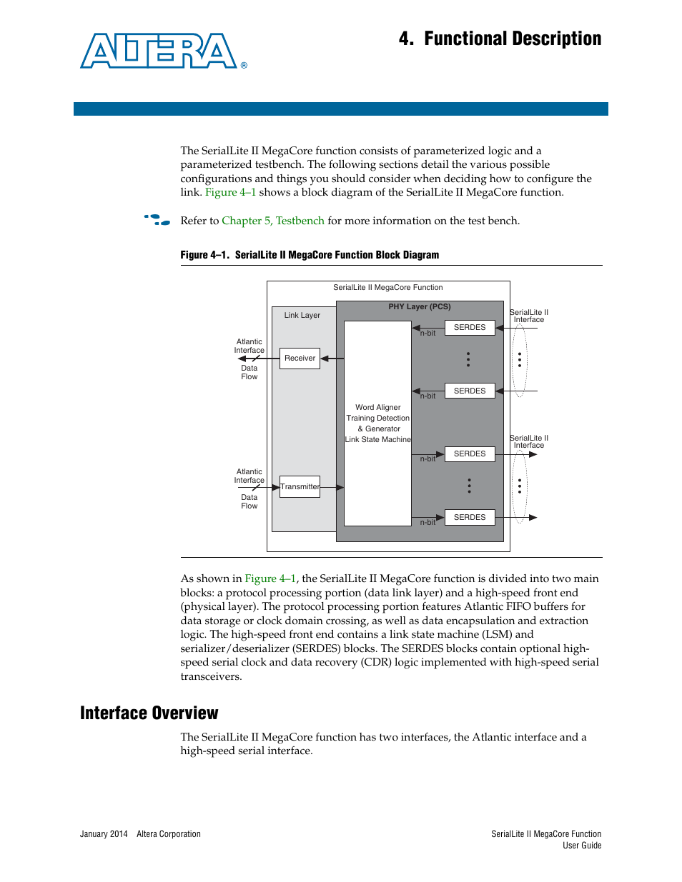 Functional description, Interface overview, Chapter 4. functional description | Interface overview –1 | Altera SerialLite II IP Core User Manual | Page 55 / 110