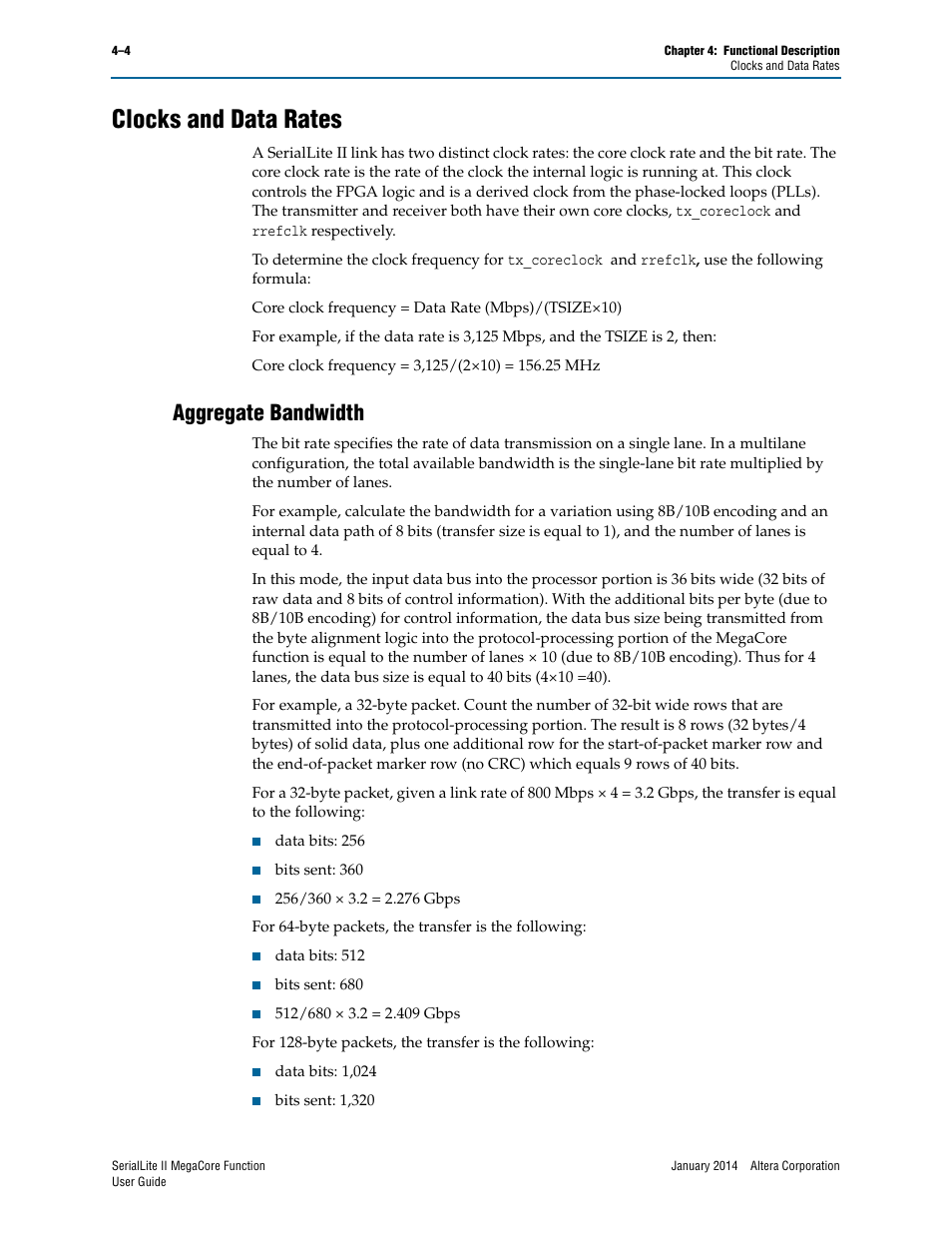 Clocks and data rates, Aggregate bandwidth, Clocks and data rates –4 | Aggregate bandwidth –4 | Altera SerialLite II IP Core User Manual | Page 58 / 110