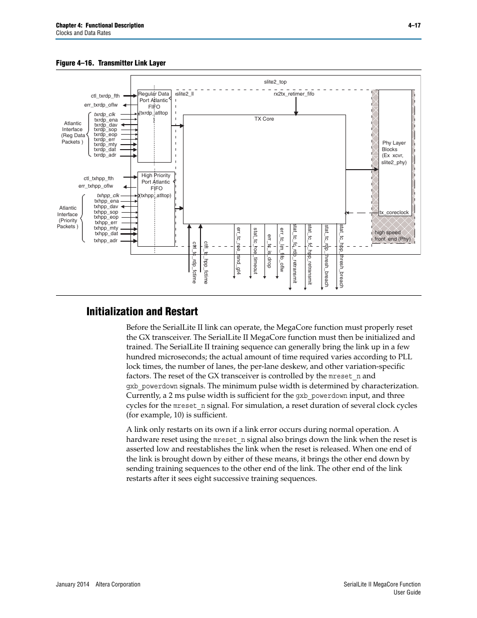 Initialization and restart, Initialization and restart –17, Transmitter link layer | Altera SerialLite II IP Core User Manual | Page 71 / 110