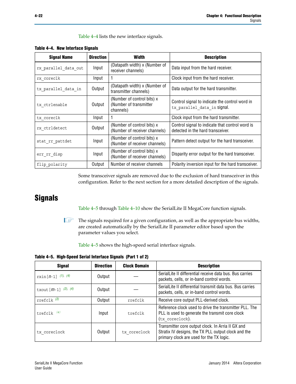 Signals, Signals –22 | Altera SerialLite II IP Core User Manual | Page 76 / 110