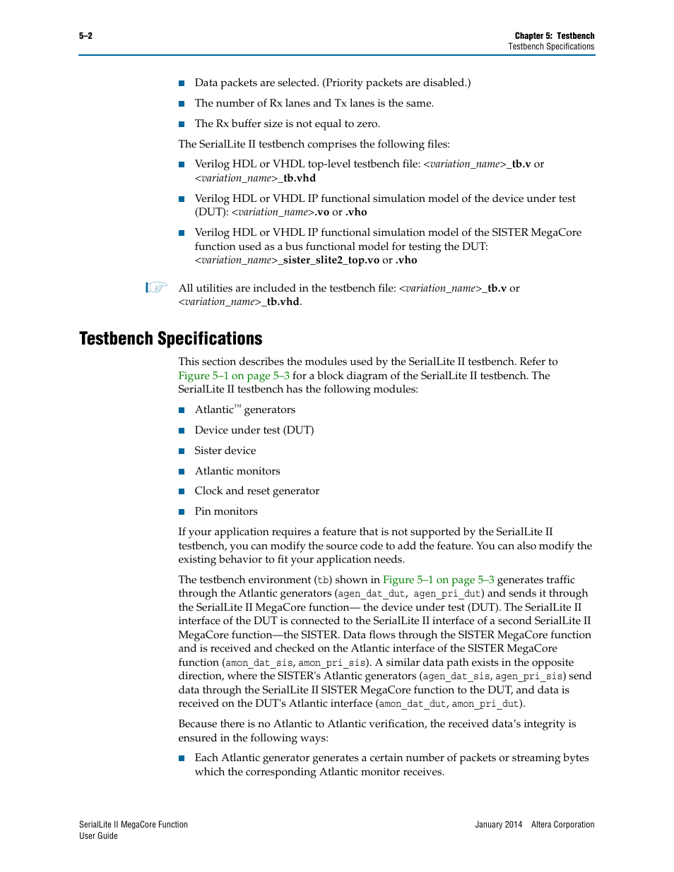Testbench specifications, Testbench specifications –2 | Altera SerialLite II IP Core User Manual | Page 88 / 110
