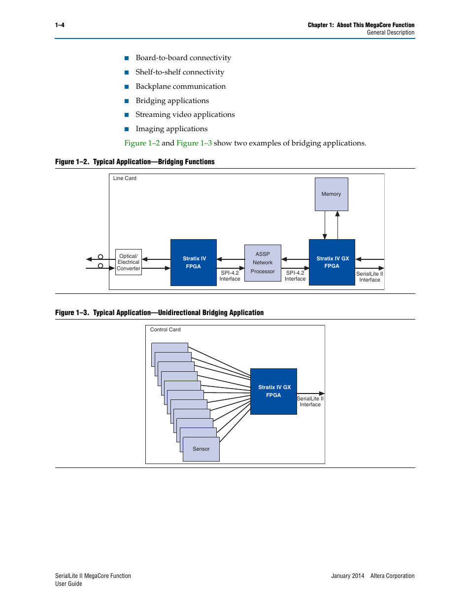 Board-to-board connectivity, Shelf-to-shelf connectivity, Backplane communication | Bridging applications, Streaming video applications | Altera SerialLite II IP Core User Manual | Page 9 / 110
