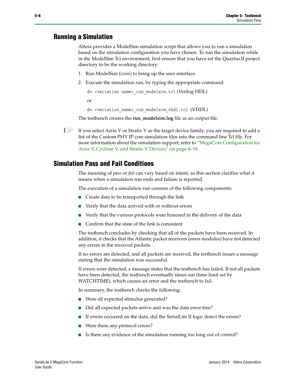 Running a simulation, Simulation pass and fail conditions | Altera SerialLite II IP Core User Manual | Page 92 / 110