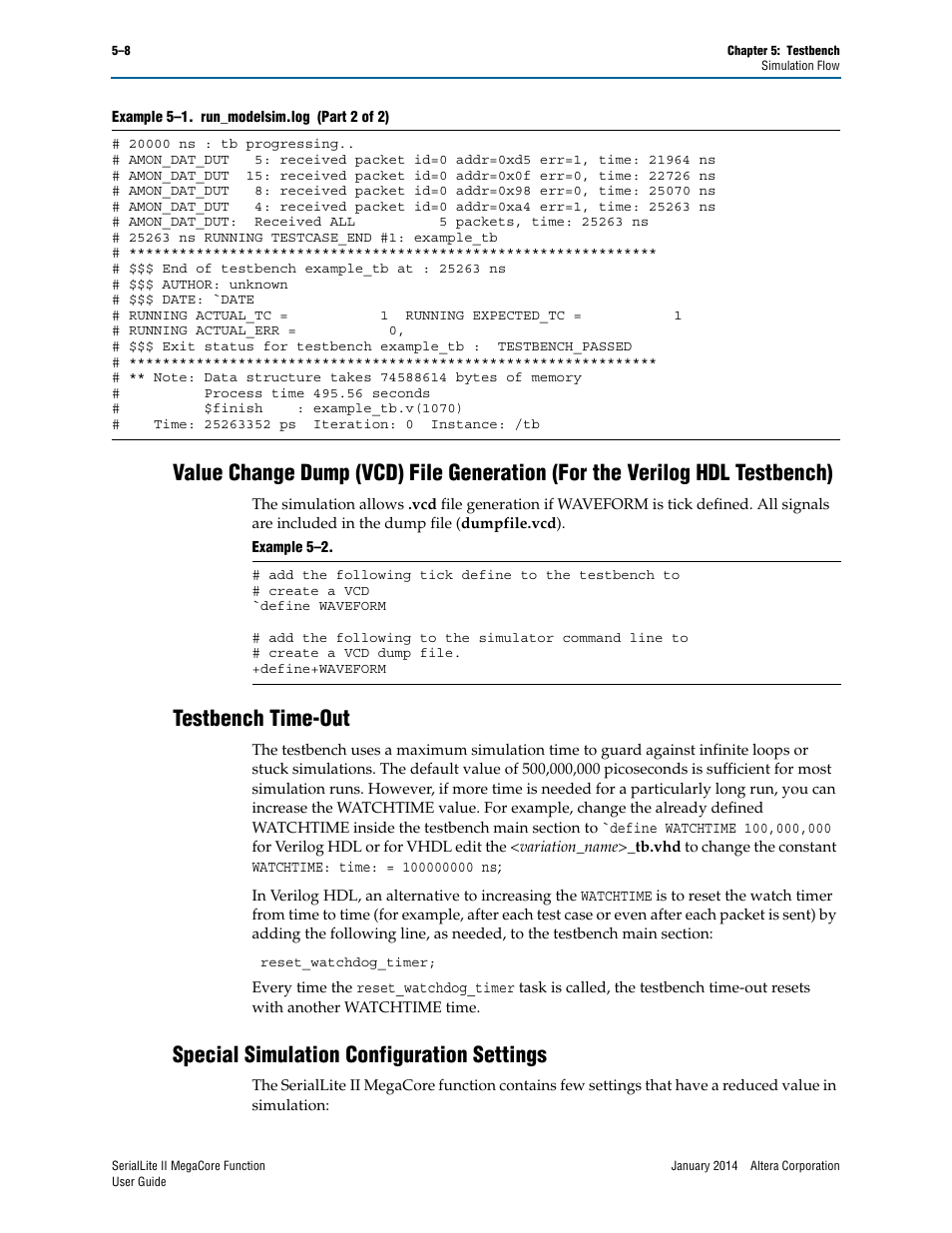 Testbench time-out, Special simulation configuration settings | Altera SerialLite II IP Core User Manual | Page 94 / 110