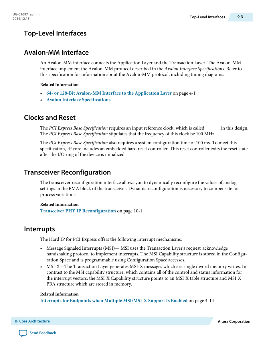 Top-level interfaces, Avalon-mm interface, Clocks and reset | Transceiver reconfiguration, Interrupts, Top-level interfaces avalon-mm interface | Altera Stratix V Avalon-MM Interface for PCIe Solutions User Manual | Page 127 / 184