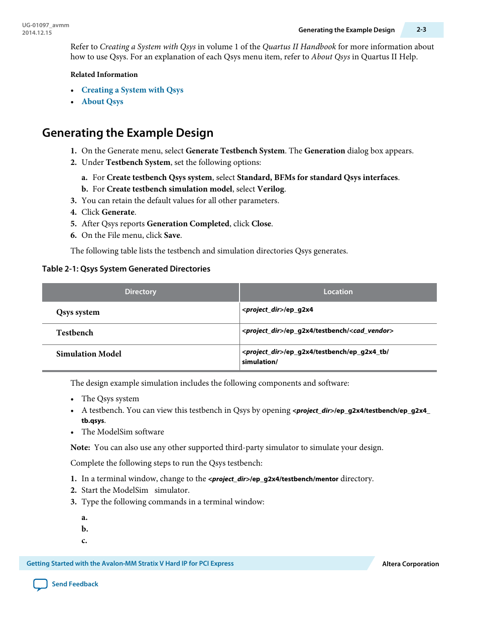 Generating the example design | Altera Stratix V Avalon-MM Interface for PCIe Solutions User Manual | Page 15 / 184