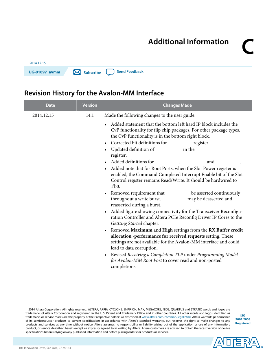 C. additional information, Revision history for the avalon-mm interface, Additional information | Altera Stratix V Avalon-MM Interface for PCIe Solutions User Manual | Page 177 / 184