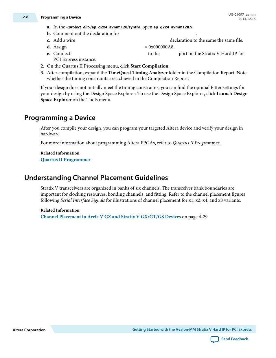 Programming a device, Understanding channel placement guidelines | Altera Stratix V Avalon-MM Interface for PCIe Solutions User Manual | Page 20 / 184