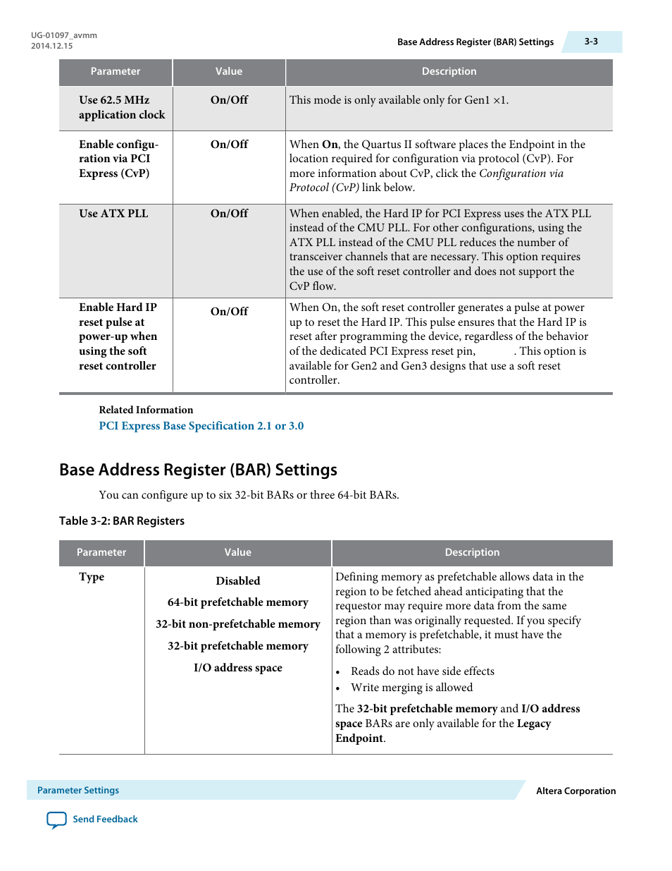 Base address register (bar) settings | Altera Stratix V Avalon-MM Interface for PCIe Solutions User Manual | Page 23 / 184