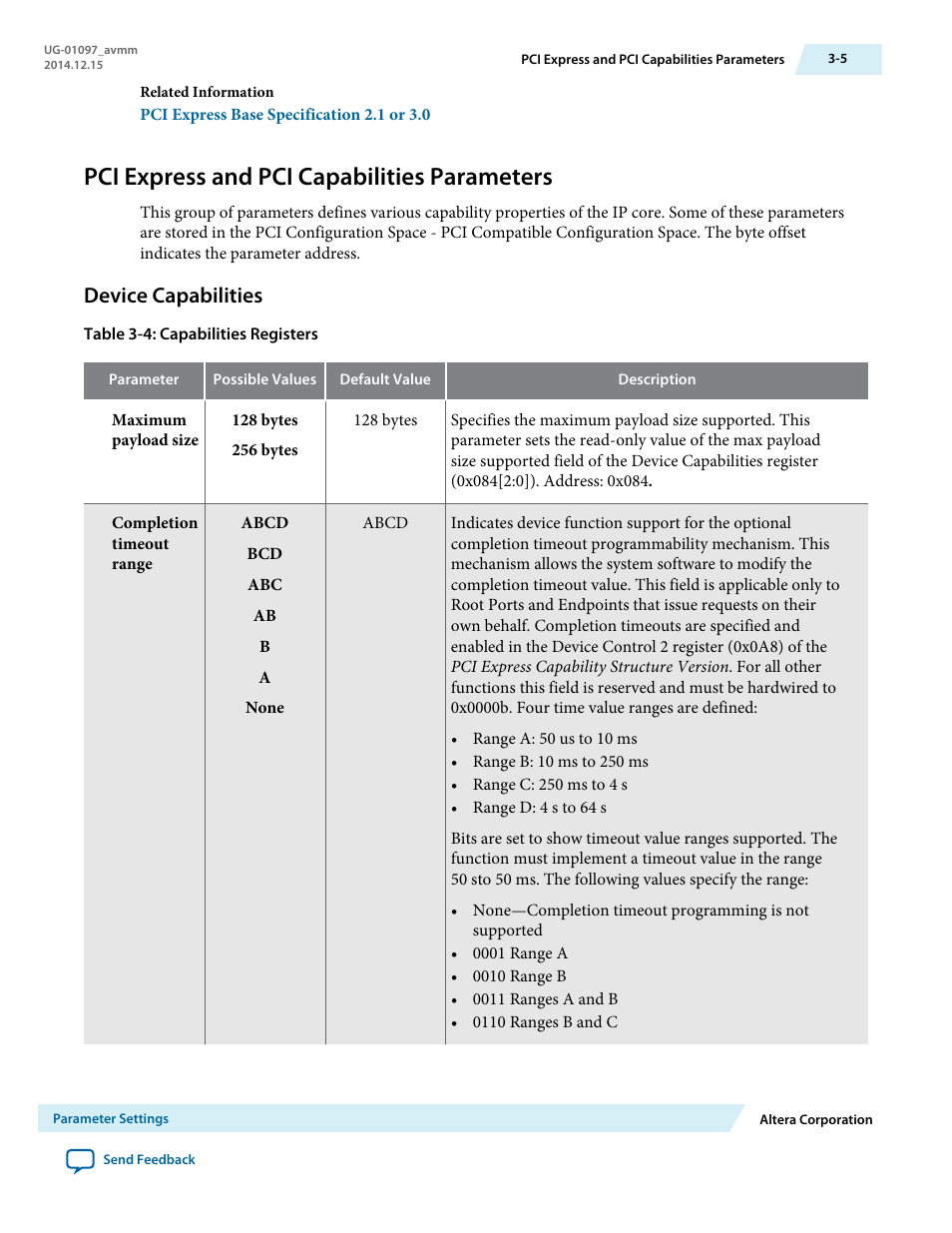 Pci express and pci capabilities parameters, Device capabilities | Altera Stratix V Avalon-MM Interface for PCIe Solutions User Manual | Page 25 / 184