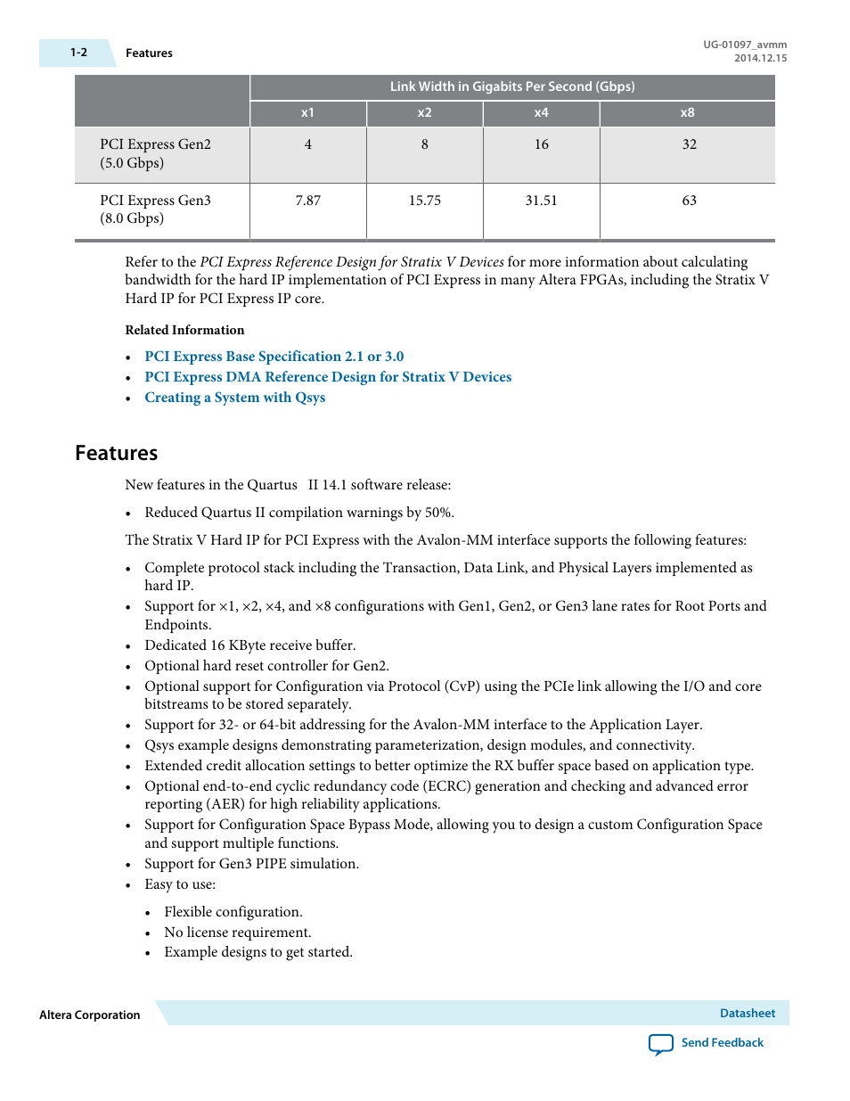 Features | Altera Stratix V Avalon-MM Interface for PCIe Solutions User Manual | Page 3 / 184