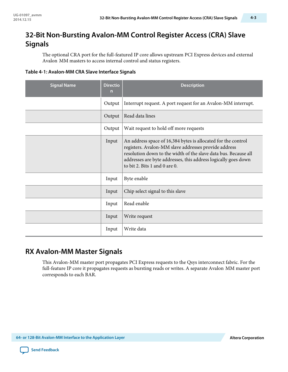 Rx avalon-mm master signals | Altera Stratix V Avalon-MM Interface for PCIe Solutions User Manual | Page 36 / 184