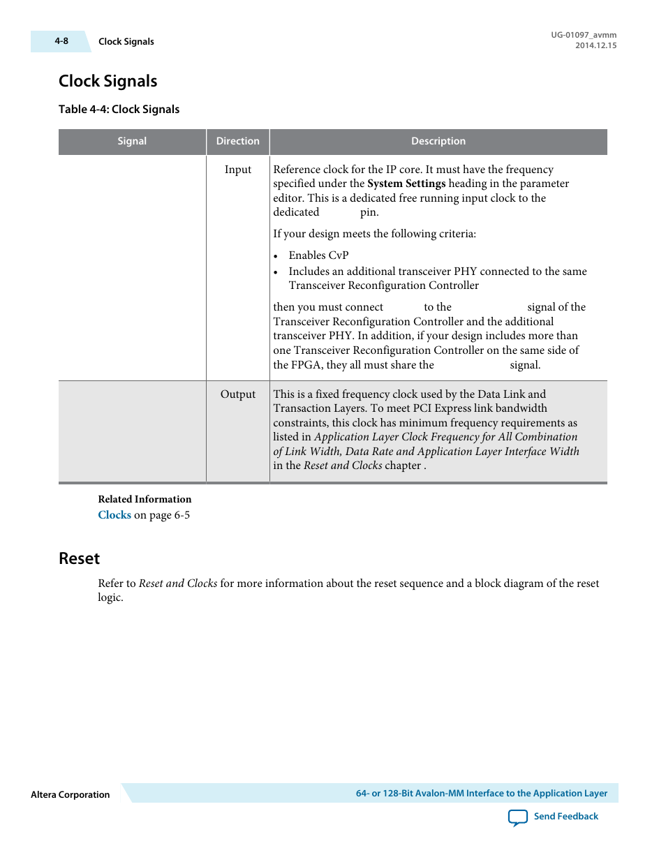 Clock signals, Reset | Altera Stratix V Avalon-MM Interface for PCIe Solutions User Manual | Page 41 / 184