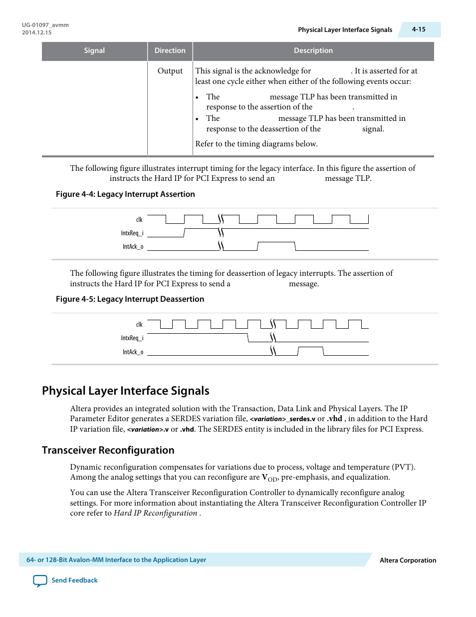 Physical layer interface signals, Transceiver reconfiguration | Altera Stratix V Avalon-MM Interface for PCIe Solutions User Manual | Page 48 / 184