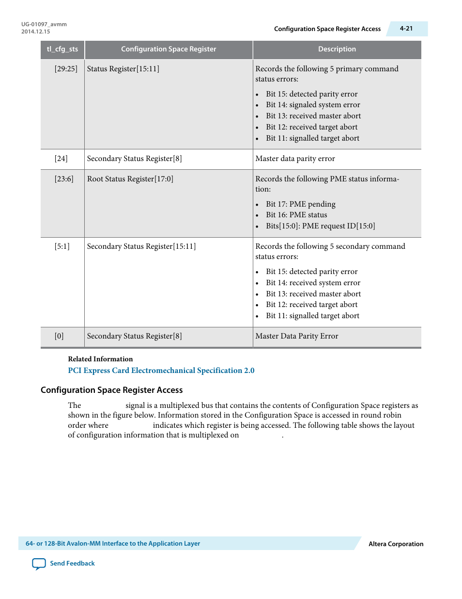 Configuration space register access | Altera Stratix V Avalon-MM Interface for PCIe Solutions User Manual | Page 54 / 184