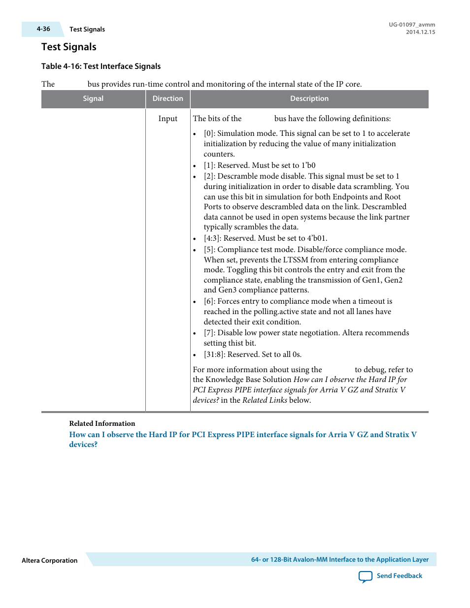 Test signals | Altera Stratix V Avalon-MM Interface for PCIe Solutions User Manual | Page 69 / 184