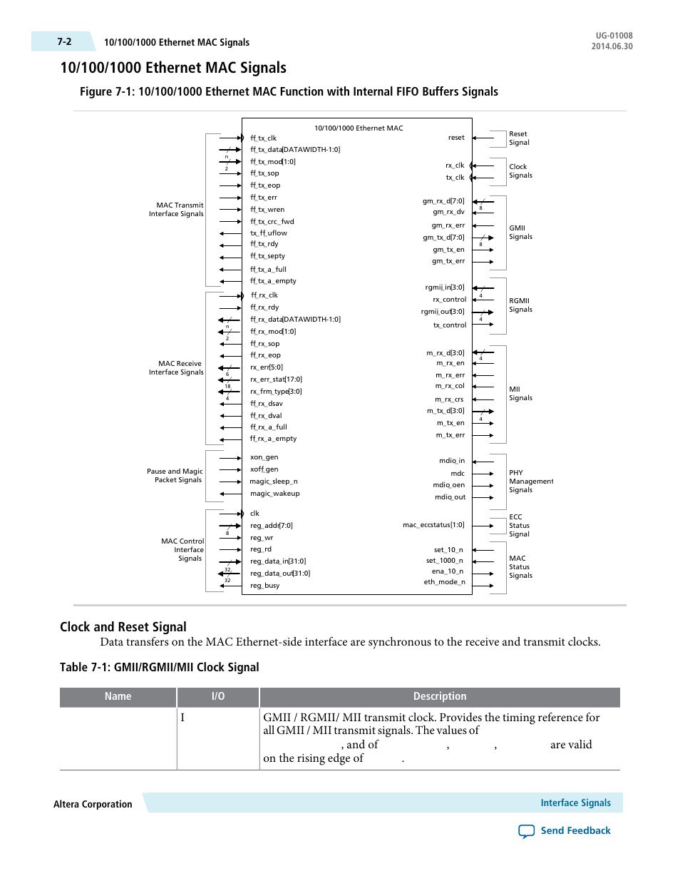 10/100/1000 ethernet mac signals, Clock and reset signal, 10/100/1000 ethernet mac signals -2 | And of, Are valid on the rising edge of, Description i/o name, Gm_tx_d[7:0], gm_tx_ en, gm_tx_err, M_tx_d[3:0, M_tx_en, M_tx_err | Altera Triple Speed Ethernet MegaCore Function User Manual | Page 117 / 223
