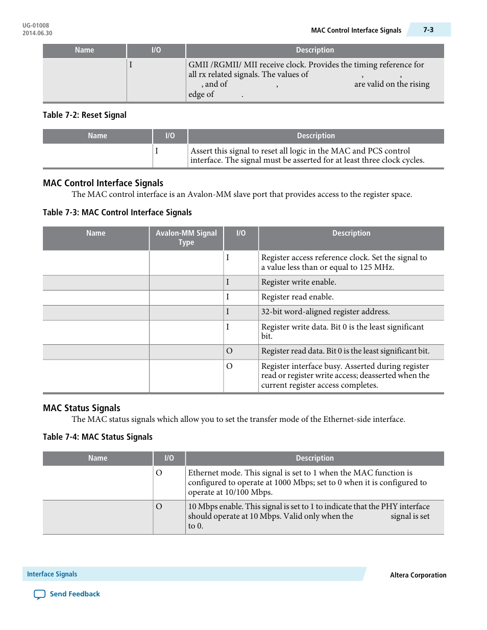 Mac control interface signals, Mac status signals | Altera Triple Speed Ethernet MegaCore Function User Manual | Page 118 / 223