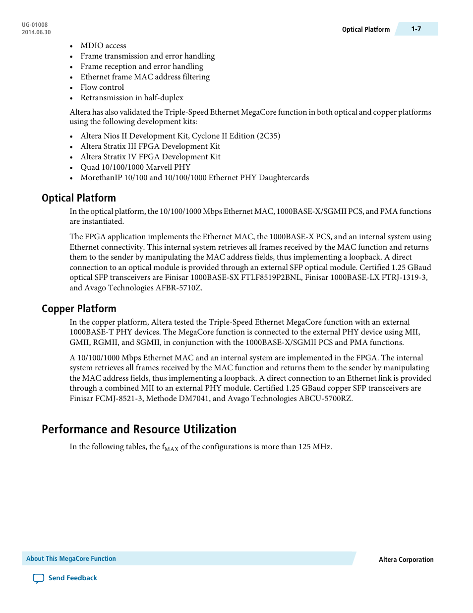 Optical platform, Copper platform, Performance and resource utilization | Optical platform -7, Copper platform -7, Performance and resource utilization -7 | Altera Triple Speed Ethernet MegaCore Function User Manual | Page 14 / 223