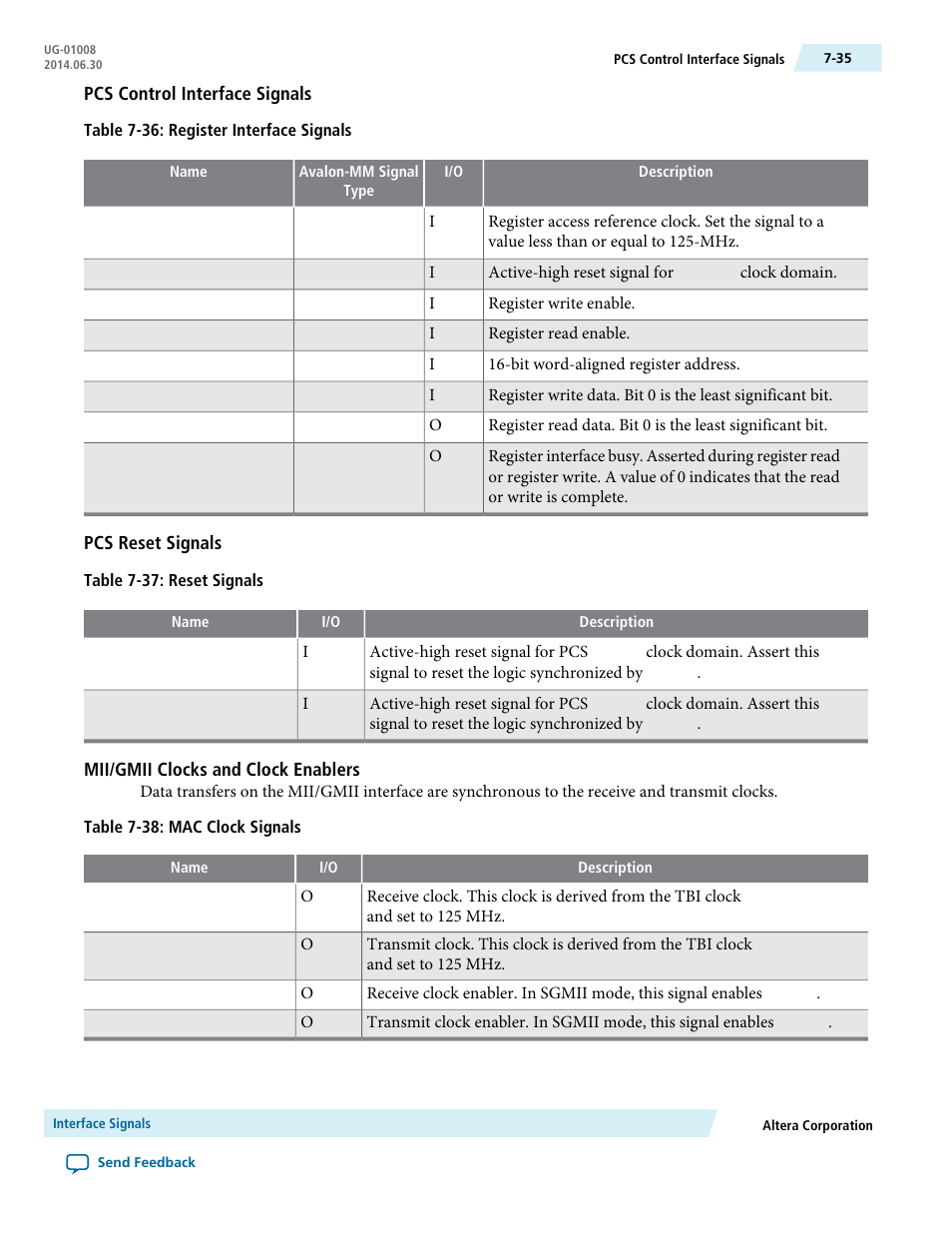 Pcs control interface signals, Pcs reset signals, Mii/gmii clocks and clock enablers | Altera Triple Speed Ethernet MegaCore Function User Manual | Page 150 / 223