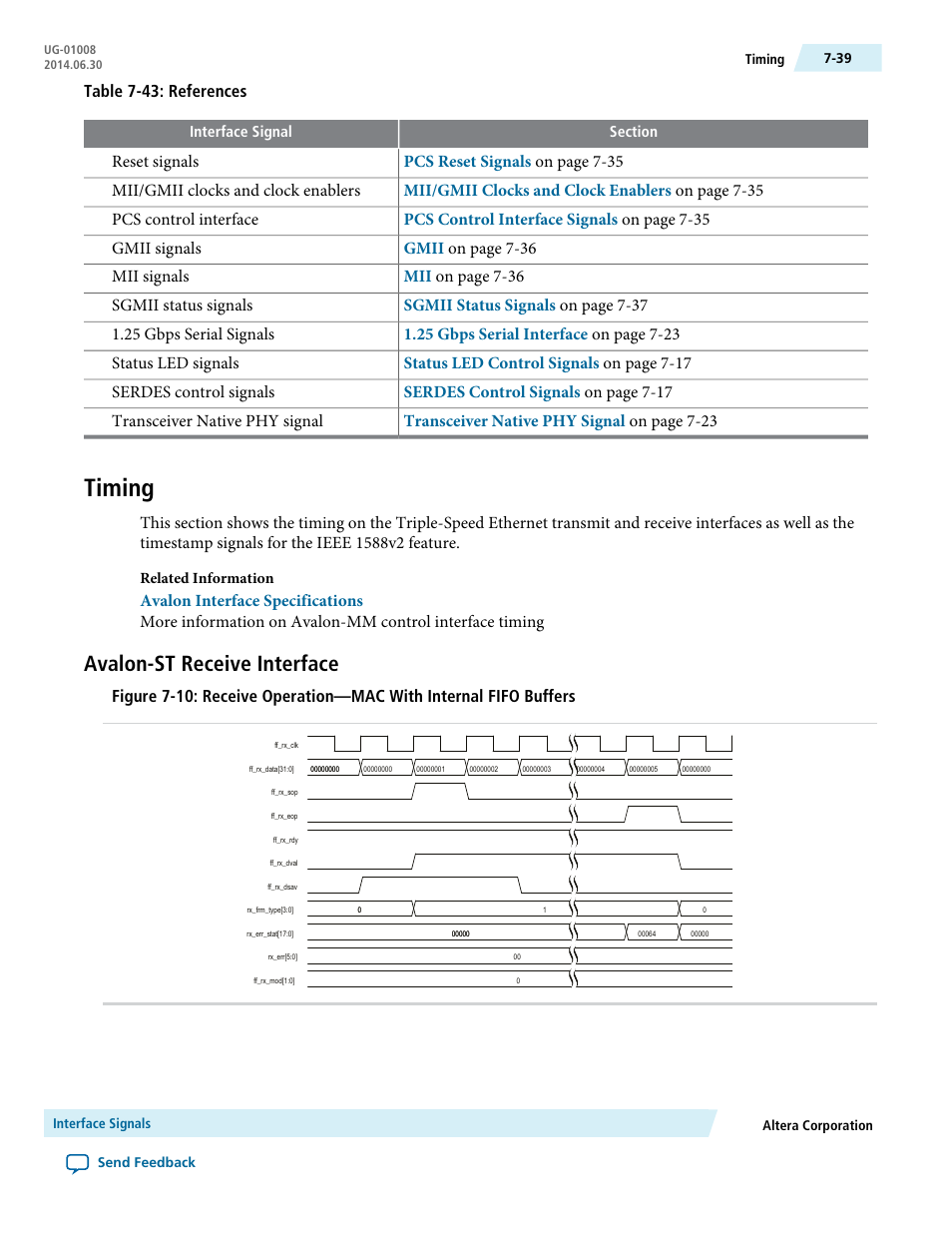 Timing, Avalon-st receive interface, Timing -39 | Avalon-st receive interface -39, Table 7-43: references | Altera Triple Speed Ethernet MegaCore Function User Manual | Page 154 / 223