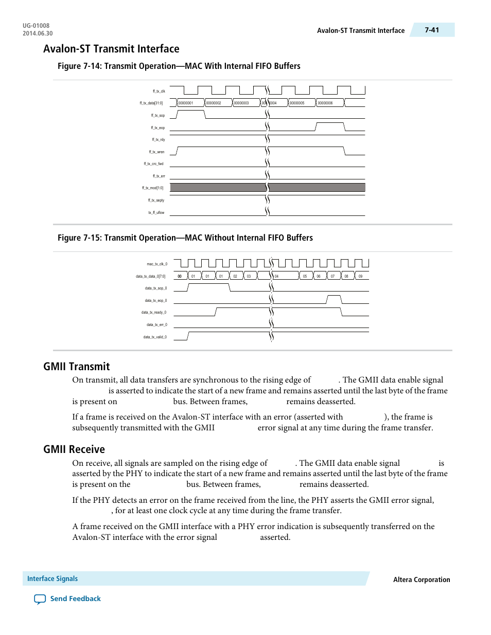 Avalon-st transmit interface, Gmii transmit, Gmii receive | Avalon-st transmit interface -41, Gmii transmit -41, Gmii receive -41, The gmii data enable signal, Bus. between frames, Error signal at any time during the frame transfer, Asserted | Altera Triple Speed Ethernet MegaCore Function User Manual | Page 156 / 223