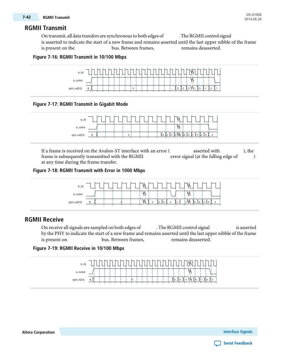 Rgmii transmit, Rgmii receive, Rgmii transmit -42 | Rgmii receive -42, The rgmii control signal, Bus. between frames, Figure 7-17: rgmii transmit in gigabit mode, Asserted with, Error signal (at the falling edge of | Altera Triple Speed Ethernet MegaCore Function User Manual | Page 157 / 223