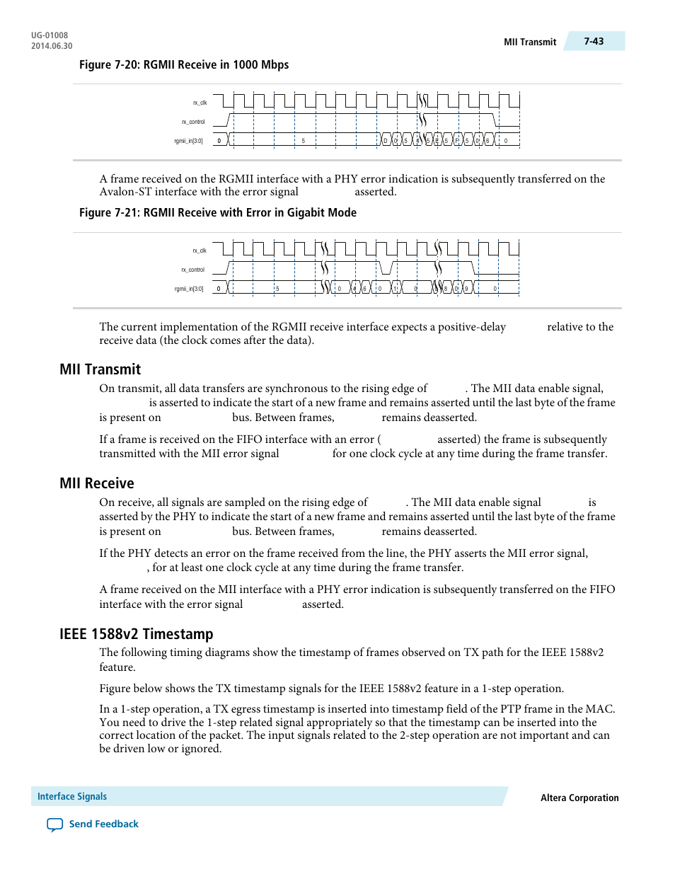 Mii transmit, Mii receive, Ieee 1588v2 timestamp | Mii transmit -43, Mii receive -43, Ieee 1588v2 timestamp -43, The mii data enable signal, Bus. between frames, Asserted | Altera Triple Speed Ethernet MegaCore Function User Manual | Page 158 / 223