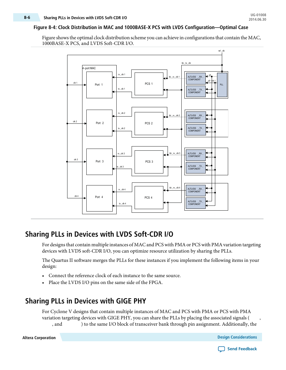 Sharing plls in devices with lvds soft-cdr i/o, Sharing plls in devices with gige phy, Tx_p | Rx_p, Ref_clk, Sharing plls in devices with lvds soft-cdr i/o 8-6 | Altera Triple Speed Ethernet MegaCore Function User Manual | Page 168 / 223
