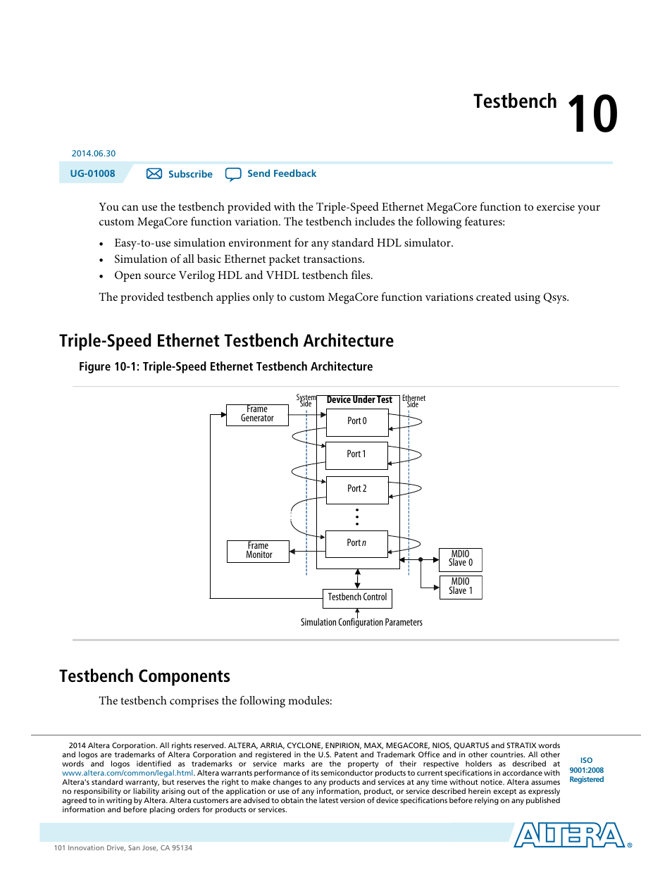 Testbench, Triple-speed ethernet testbench architecture, Testbench components | Testbench -1 | Altera Triple Speed Ethernet MegaCore Function User Manual | Page 175 / 223