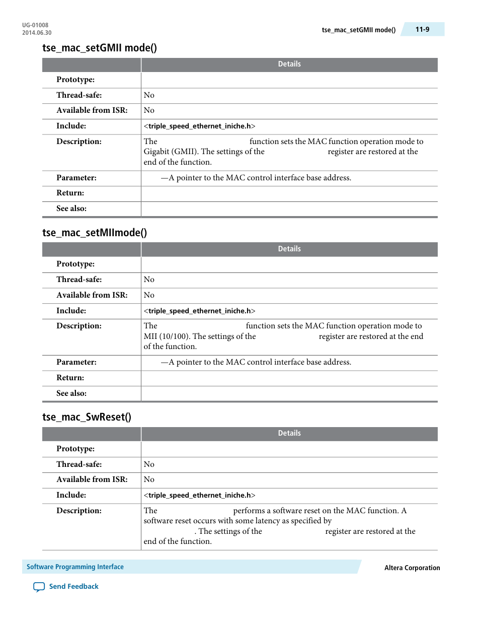 Tse_mac_setgmii mode(), Tse_mac_setmiimode(), Tse_mac_swreset() | Altera Triple Speed Ethernet MegaCore Function User Manual | Page 188 / 223