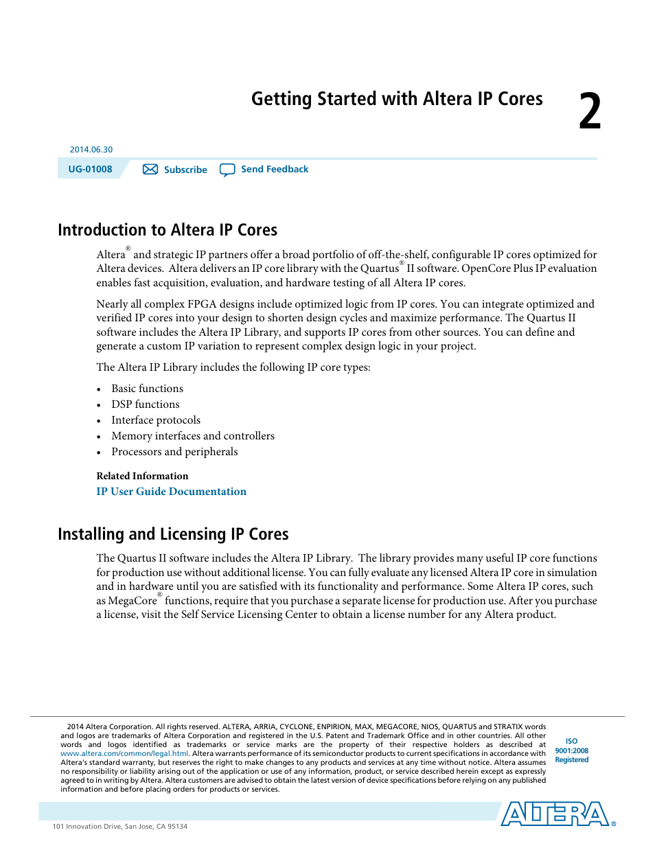 Getting started with altera ip cores, Introduction to altera ip cores, Installing and licensing ip cores | Getting started with altera ip cores -1 | Altera Triple Speed Ethernet MegaCore Function User Manual | Page 20 / 223