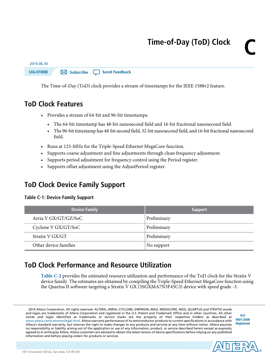 C. time-of-day (tod) clock, Tod clock features, Tod clock device family support | Tod clock performance and resource utilization, Time-of-day (tod) clock | Altera Triple Speed Ethernet MegaCore Function User Manual | Page 201 / 223