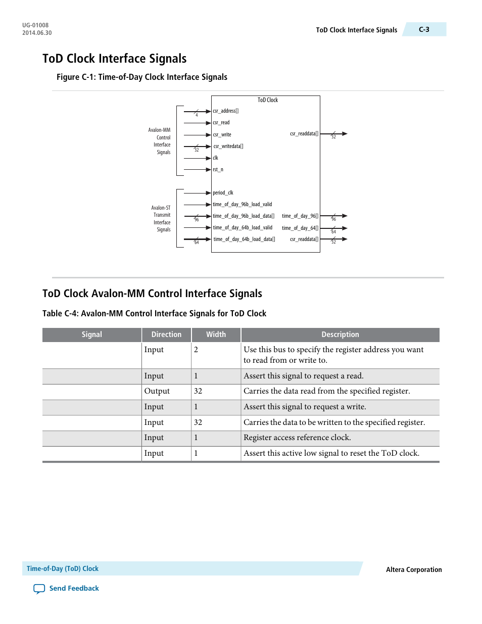 Tod clock interface signals, Tod clock avalon-mm control interface signals | Altera Triple Speed Ethernet MegaCore Function User Manual | Page 203 / 223