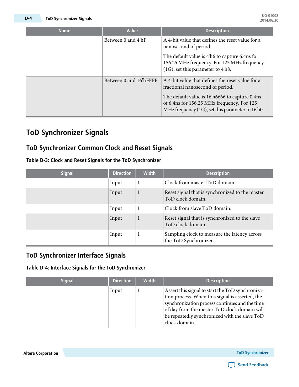 Tod synchronizer signals, Tod synchronizer common clock and reset signals, Tod synchronizer interface signals | Altera Triple Speed Ethernet MegaCore Function User Manual | Page 210 / 223