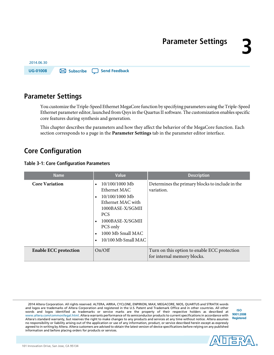 Parameter settings, Core configuration, Parameter settings -1 | Core configuration -1 | Altera Triple Speed Ethernet MegaCore Function User Manual | Page 30 / 223