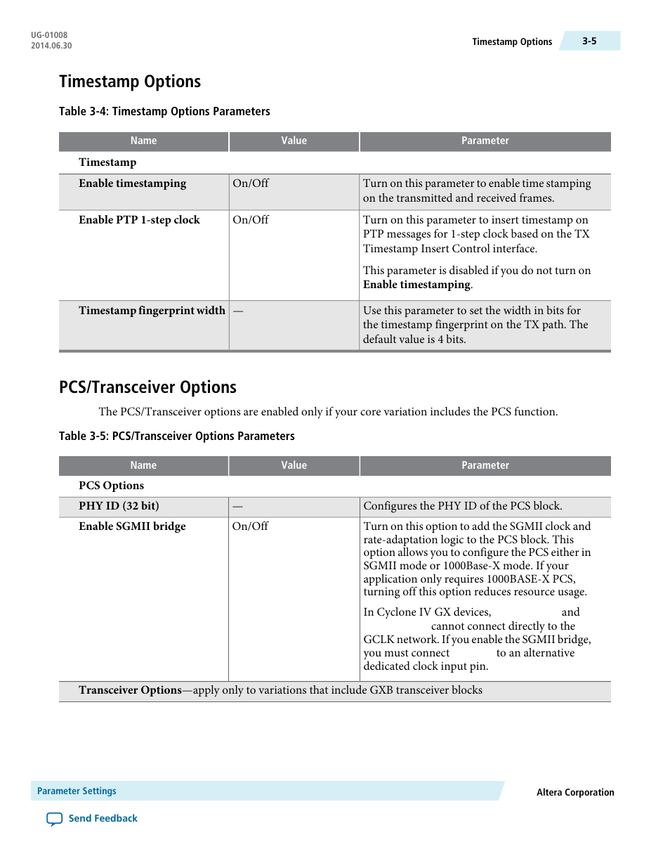 Timestamp options, Pcs/transceiver options, Timestamp options -5 | Pcs/transceiver options -5 | Altera Triple Speed Ethernet MegaCore Function User Manual | Page 34 / 223