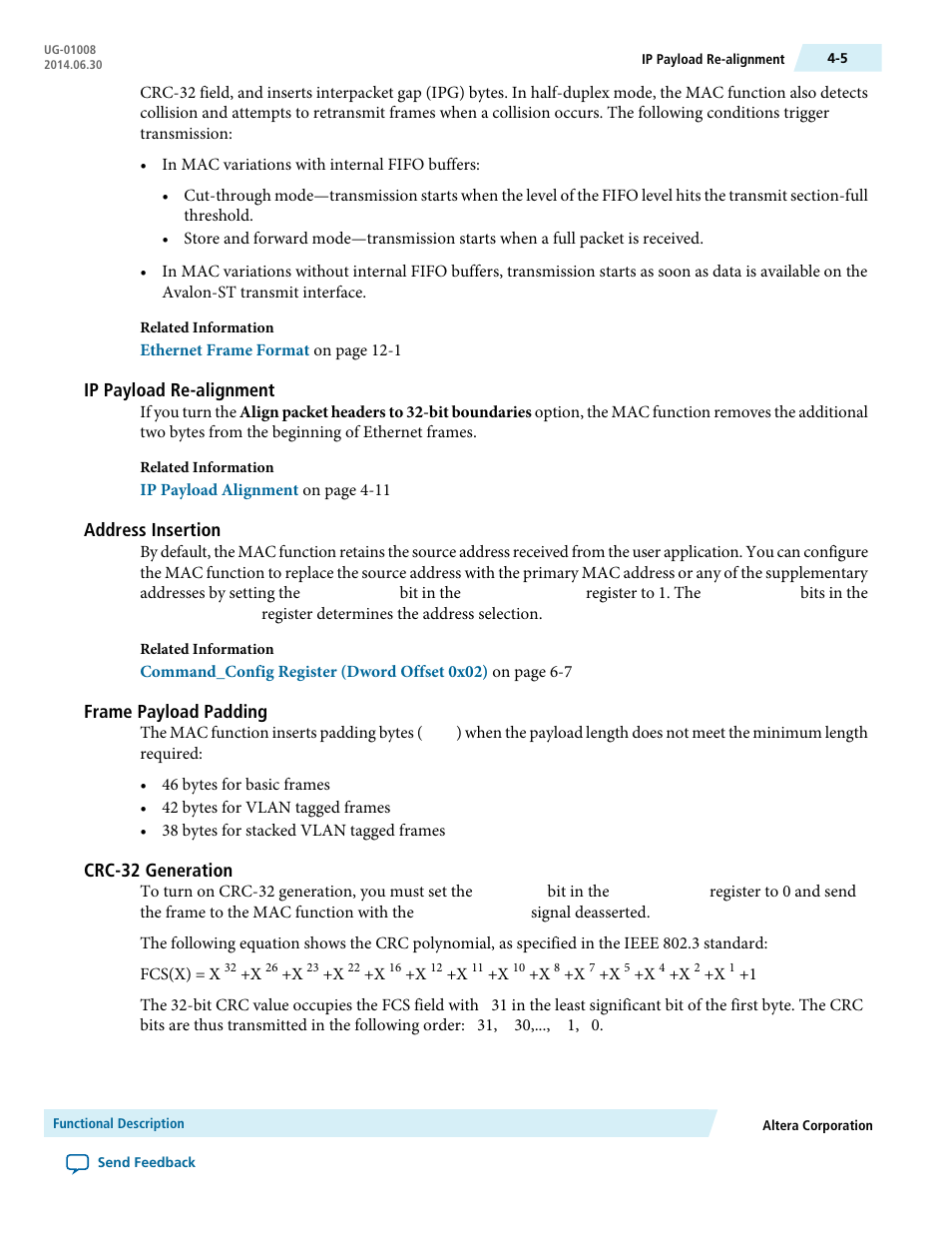 Ip payload re-alignment, Address insertion, Frame payload padding | Crc-32 generation | Altera Triple Speed Ethernet MegaCore Function User Manual | Page 41 / 223