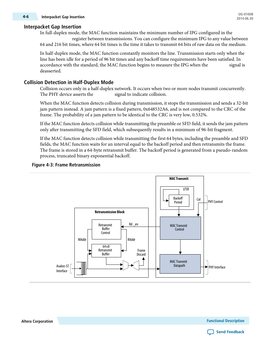 Interpacket gap insertion, Collision detection in half-duplex mode | Altera Triple Speed Ethernet MegaCore Function User Manual | Page 42 / 223