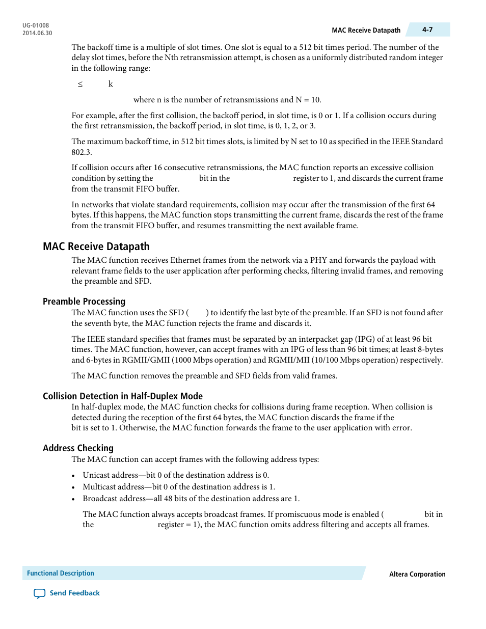 Mac receive datapath, Preamble processing, Collision detection in half-duplex mode | Address checking, Mac receive datapath -7 | Altera Triple Speed Ethernet MegaCore Function User Manual | Page 43 / 223