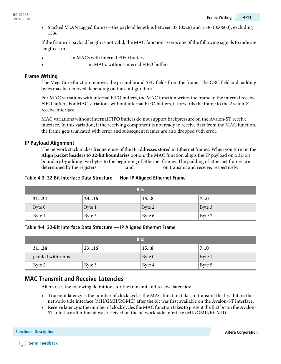 Frame writing, Ip payload alignment, Mac transmit and receive latencies | Mac transmit and receive latencies -11 | Altera Triple Speed Ethernet MegaCore Function User Manual | Page 47 / 223
